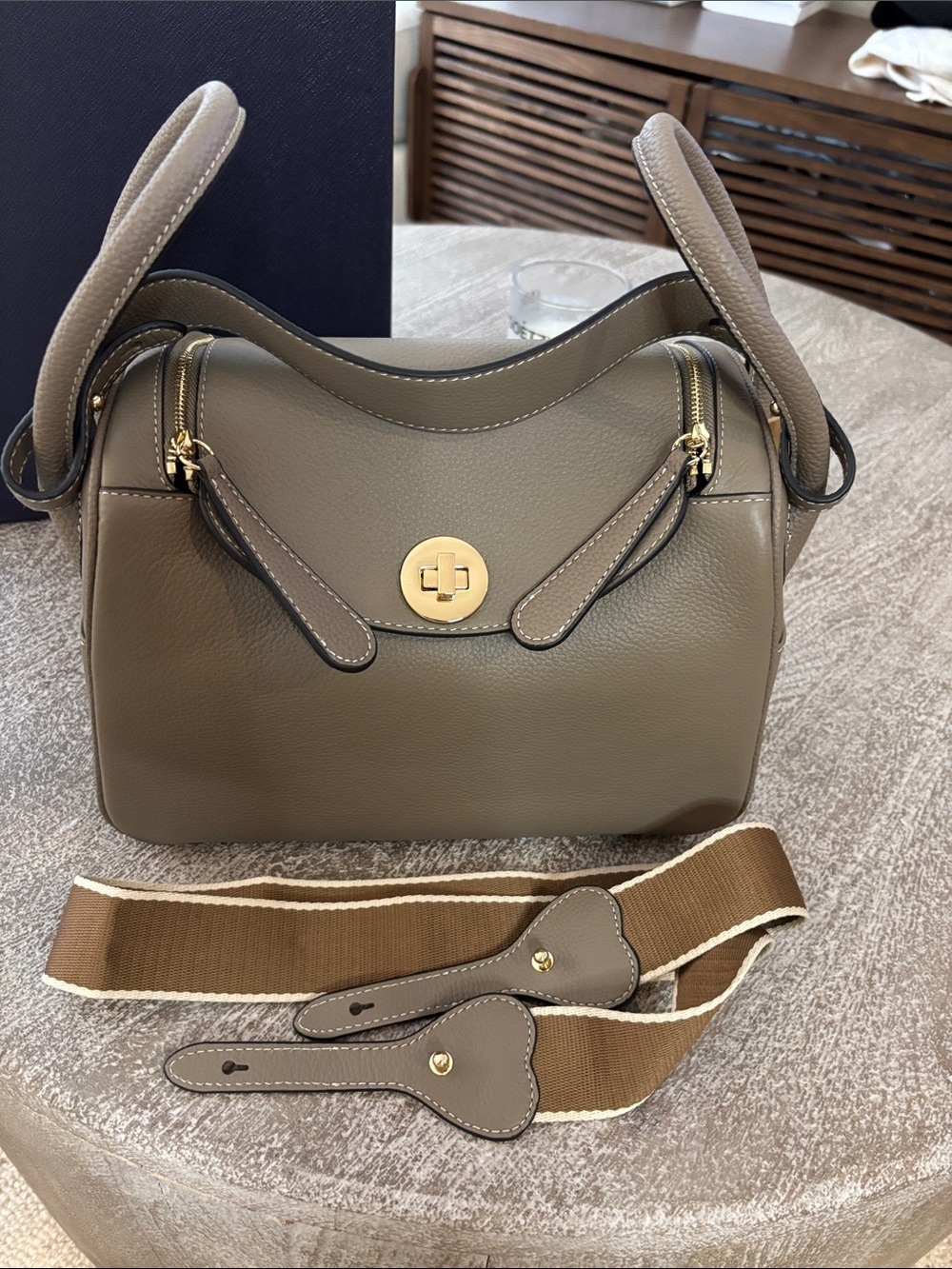 Taupe Leather Shoulder Bag Two Removable Strap Canvas Organizer